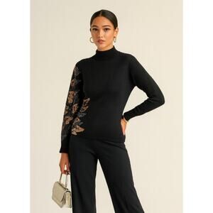 Vintage Black Wool Blend Sequin Sweater Medium Glam Animal Leaf Party Pullover